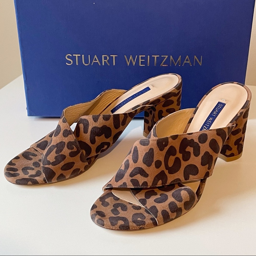 NEW Stuart Weitzman Galene Slide Sandals Brown Leopard Suede